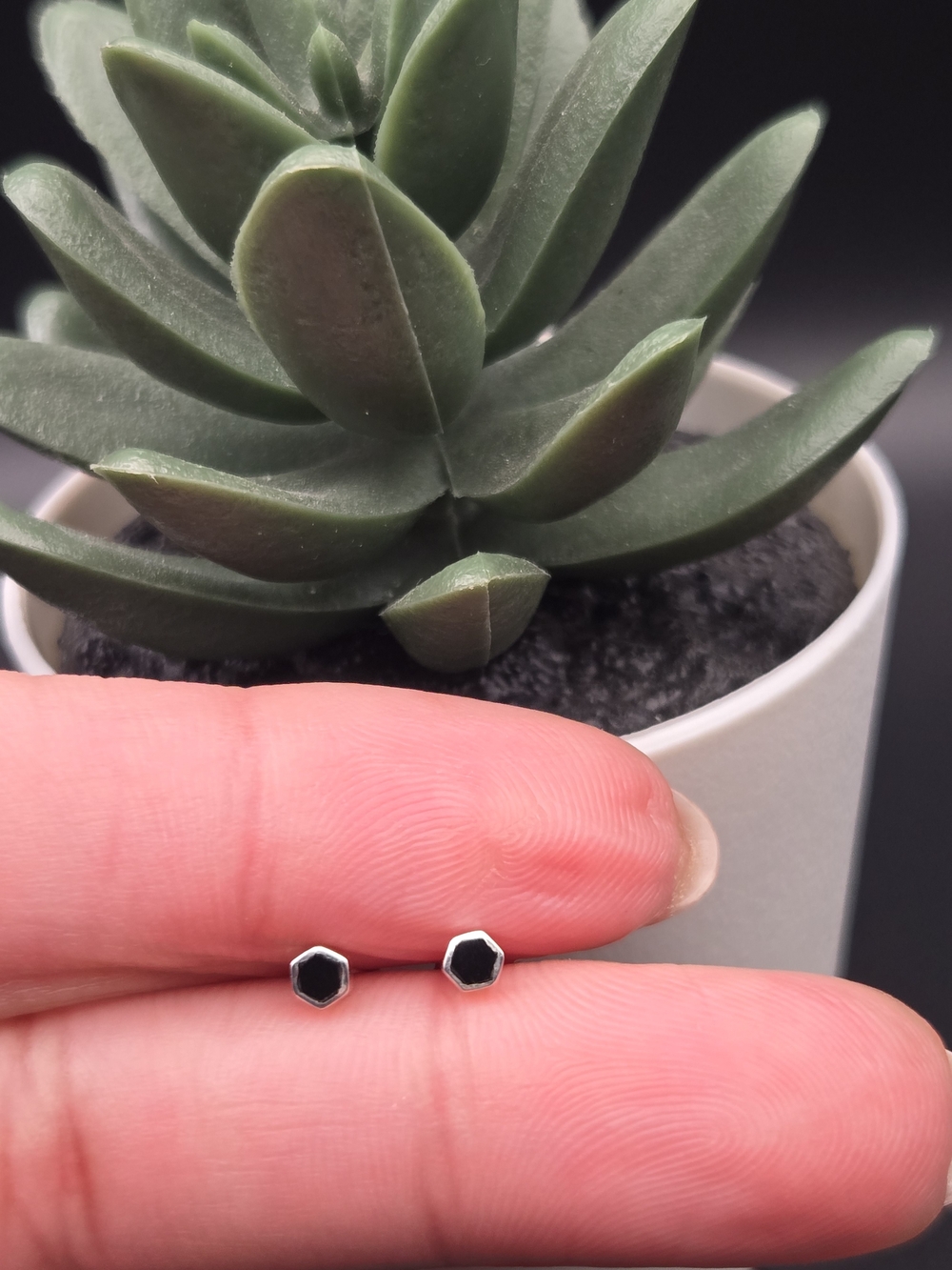 .925 Tiny Sterling Silver Hexagon Black Onyx Stud Earrings 3mm.